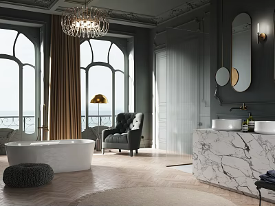 Gray Bathroom With Chandelier Arched Windows Marble Double Sinks Bathtub Armchair Round Mirrors And Rug 3d model