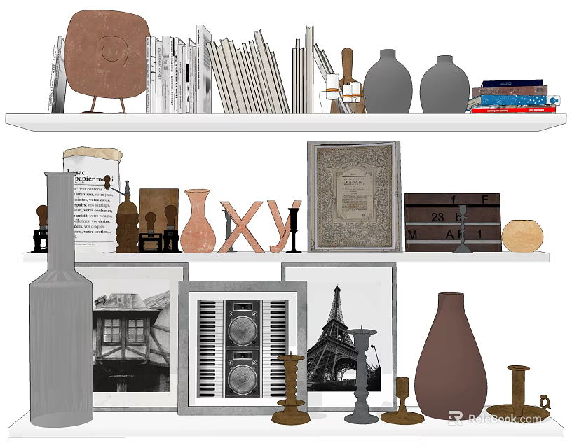 Modern Decorative Ornament Collection With Vases Photo Frames Candle Holders And Books On Shelves 3d model 