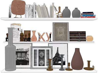 Modern Decorative Ornament Collection With Vases Photo Frames Candle Holders And Books On Shelves 3d model