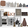 Modern Decorative Ornament Collection With Vases Photo Frames Candle Holders And Books On Shelves