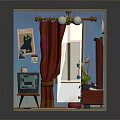 Cartoon Room Scene With Red Curtain Vintage TV Clock Mirror And Cat Doll