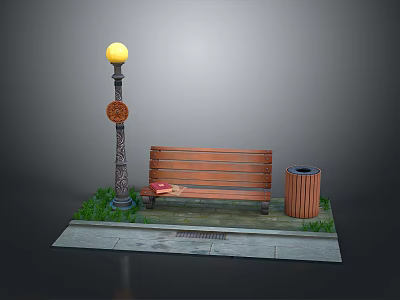 Urban Street Scene With Decorative Street Lamp Wooden Bench Trash Can And Grass 3d model