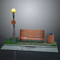 Urban Street Scene With Decorative Street Lamp Wooden Bench Trash Can And Grass