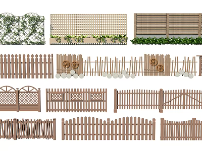 Various Wooden Fence Styles With Decorative Elements Grid Patterns And Green Plant Accents 3d model