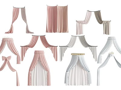 Elegant Bed Canopies In Pastel Pink Grey White With Soft Fabric And Various Drapery Styles 3d model