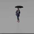 Woman in Blue Coat With Scarf Holding Black Umbrella and Pink Boots on Gray Background