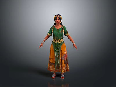 Traditional Green And Yellow Costume With Decorative Belt Headpiece And Embroidery Patterns 3d model