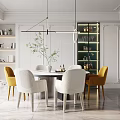 Modern Restaurant Interior With Round Dining Table White Yellow Chairs Pendant Lights And Decorative Plant