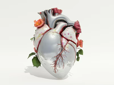 Artistic Heart Shaped Decorative Ornament Set With Roses And Green Leaves 3d model
