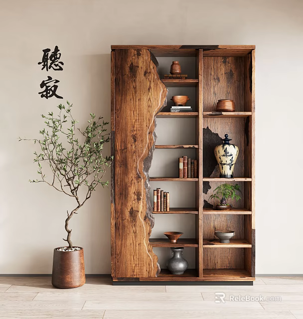 Traditional Wooden Shelf With Decorative Vases Bowls Books And Potted Olive Plant 3d model 