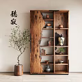Traditional Wooden Shelf With Decorative Vases Bowls Books And Potted Olive Plant