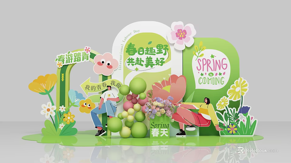 Colorful Spring Outing Photo Spot With Flowers Green Plants And Cartoon Elements 3d model 