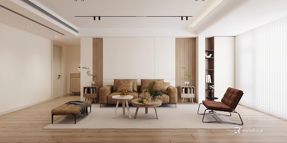 Warm Modern Living Room Interior With Brown Sofa Coffee Tables And Wooden Shelves 3d model 