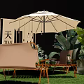 Elegant Outdoor Commercial Equipment Display With Umbrella Chairs Plants And Signboards
