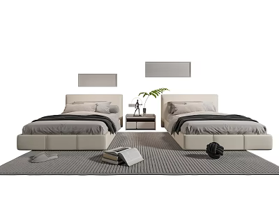 Modern Single Beds Interior With Grey Bedding Beige Headboards Bedside Tables Potted Plant And Rug 3d model