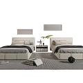 Modern Single Beds Interior With Grey Bedding Beige Headboards Bedside Tables Potted Plant And Rug