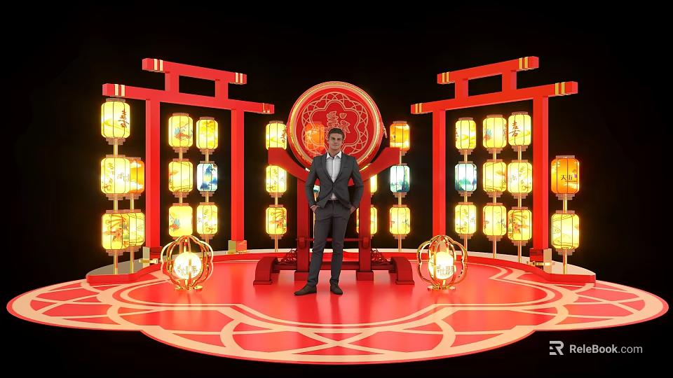 Traditional Red Stage With Lanterns Circular Pattern And Man In Suit 3d model