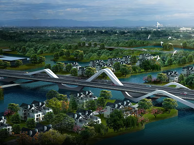 Modern Curved Bridge Spanning River Surrounded by Green Trees Houses and Scenic View 3d model
