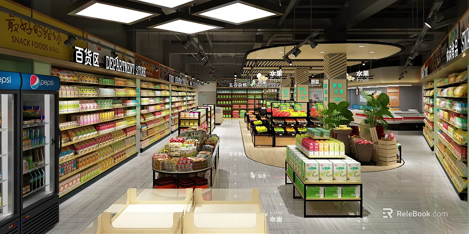 Supermarket Department Store Area With Well Stocked Shelves Fruit Vegetable Sections And Rest Area Sofas 3d model 