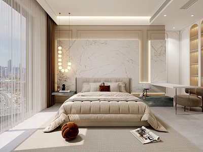 Modern Bedroom Interior With Large Bed Beige Bedding Marble Wall And City View 3d model