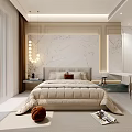 Modern Bedroom Interior With Large Bed Beige Bedding Marble Wall And City View