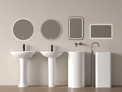 White Pedestal Washbasins with Round Rectangular Backlit Mirrors on Light Wall and Wooden Floor 3d model