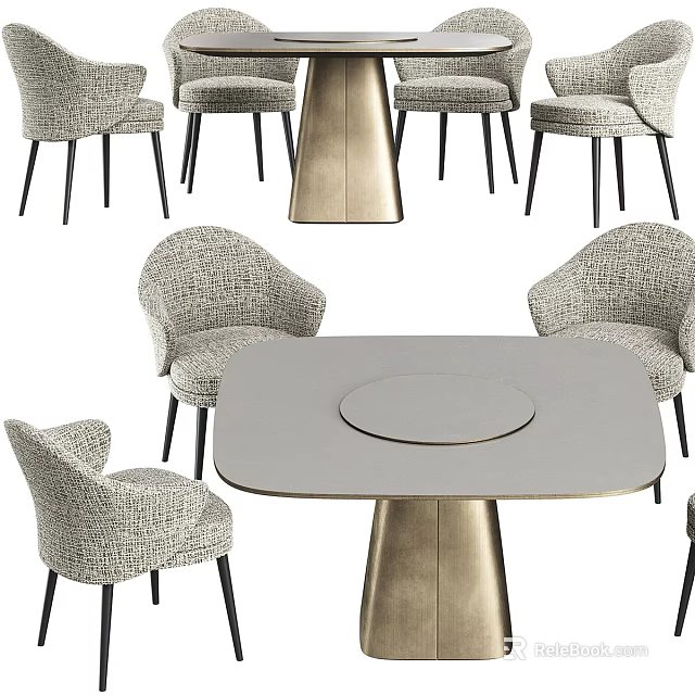 Modern Dining Table Set With Round Lazy Susan And Upholstered Chairs 3d model