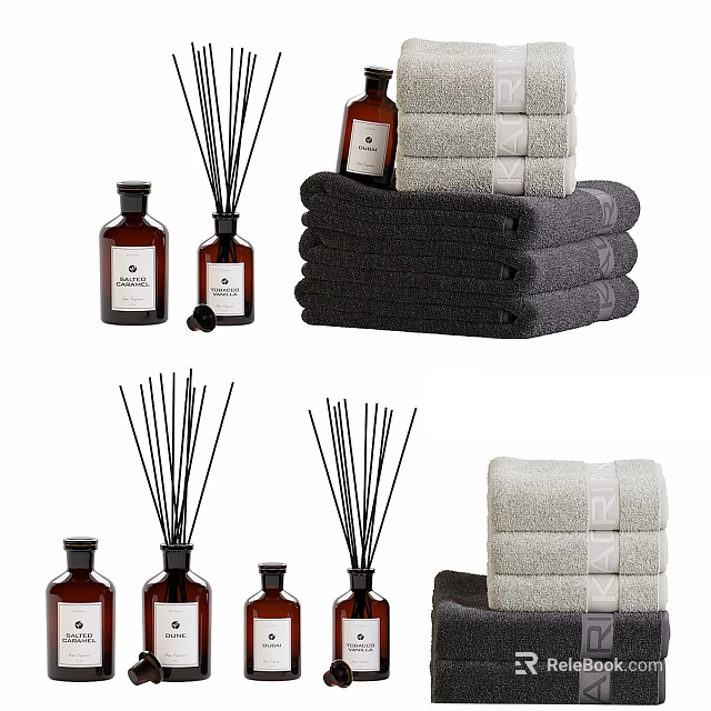 Bathroom Accessories With Reed Diffusers And Towels 3d model