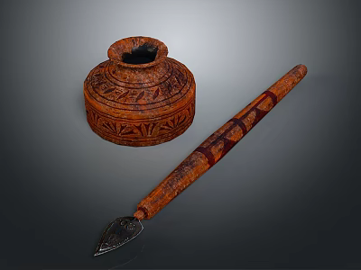 Artisan Crafted Traditional Chinese Wooden Inkstone And Writing Brush With Carved Patterns 3d model