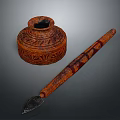 Artisan Crafted Traditional Chinese Wooden Inkstone And Writing Brush With Carved Patterns