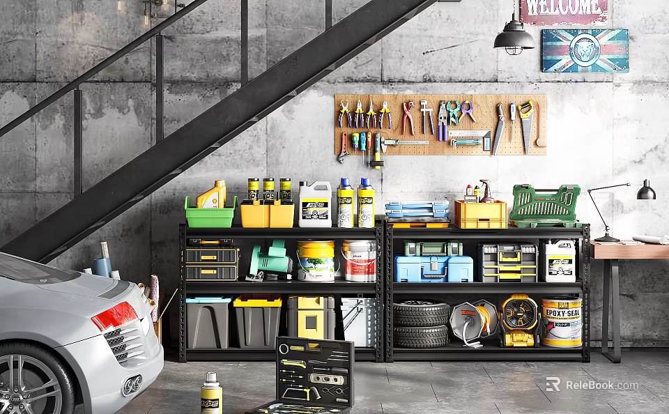 Organized Garage Interior With Tool Board Black Shelves Cans Tires Gray Walls And Welcome Sign 3d model 