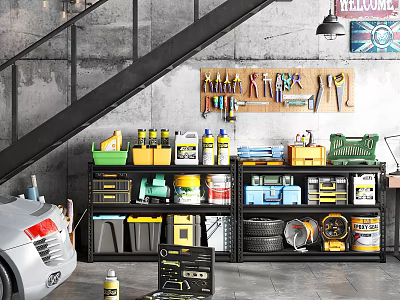 Organized Garage Interior With Tool Board Black Shelves Cans Tires Gray Walls And Welcome Sign 3d model