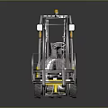 Yellow And White Industrial Forklift With Metal Forks And Driver Cab