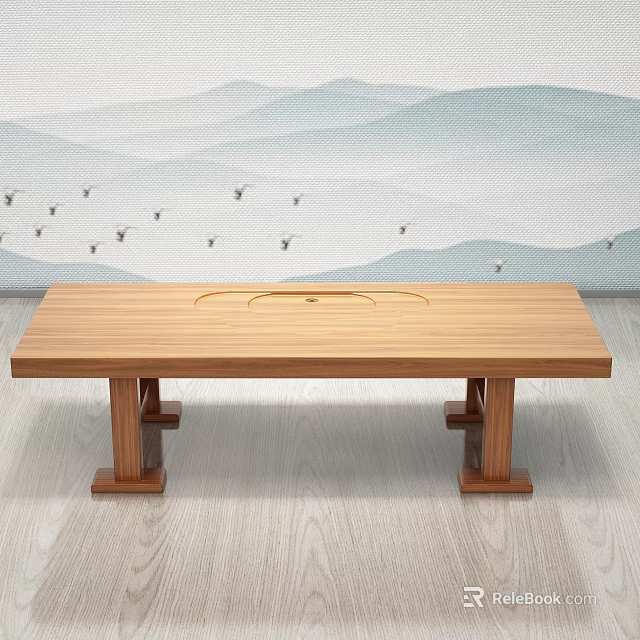 Natural Wooden Tea Table With Round Groove And Mountain Landscape Background On Wooden Floor 3d model 