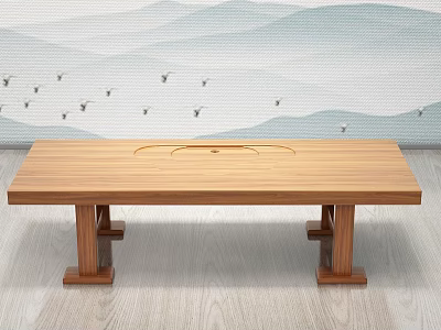 Natural Wooden Tea Table With Round Groove And Mountain Landscape Background On Wooden Floor 3d model
