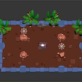 Cartoon Adventure Scene With Blue Walls Palm Trees Brown Ground And Character