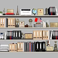 Organized Office Shelf With Folders Trophies Globe Printer Flags And Plant