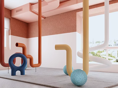 Indoor Play Equipment with Colorful Curved Tubes Blue Balls and Vibrant Kids Play Area 3d model