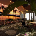 Outdoor Camping Style Restaurant Interior with String Lights Green Plants Projection Screen Wooden Tables and Stone Path