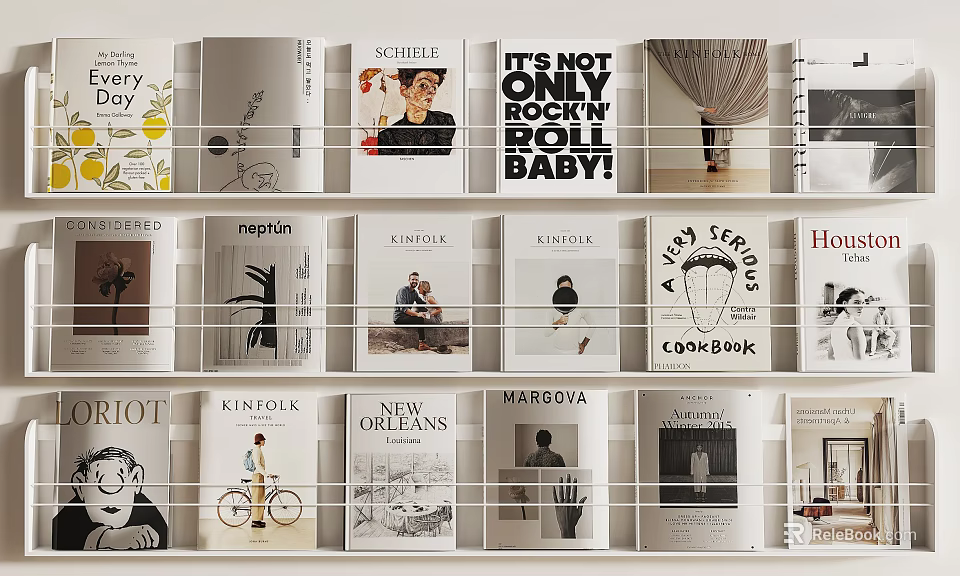 Stylish Collection of Books and Magazines with Various Cover Designs on White Shelves 3d model 