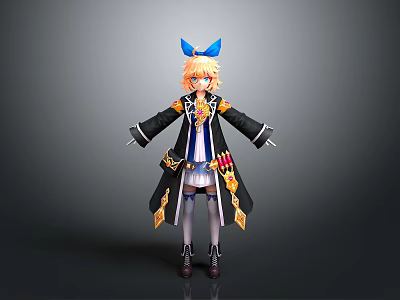 3D Anime Character Model With Blonde Hair Blue Bow Black Long Coat And Boots 3d model