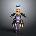 3D Anime Character Model With Blonde Hair Blue Bow Black Long Coat And Boots