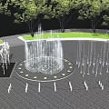 Circular Water Fountain With Illuminated Lights And Multiple Jets In Plaza Gray Paved Ground