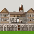 Ancient Castle Architectural Design With Spires Towers Walls And Green Courtyard