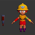 Game Movie Character In Yellow Helmet Orange Top Red Shorts Purple Boots With Tool