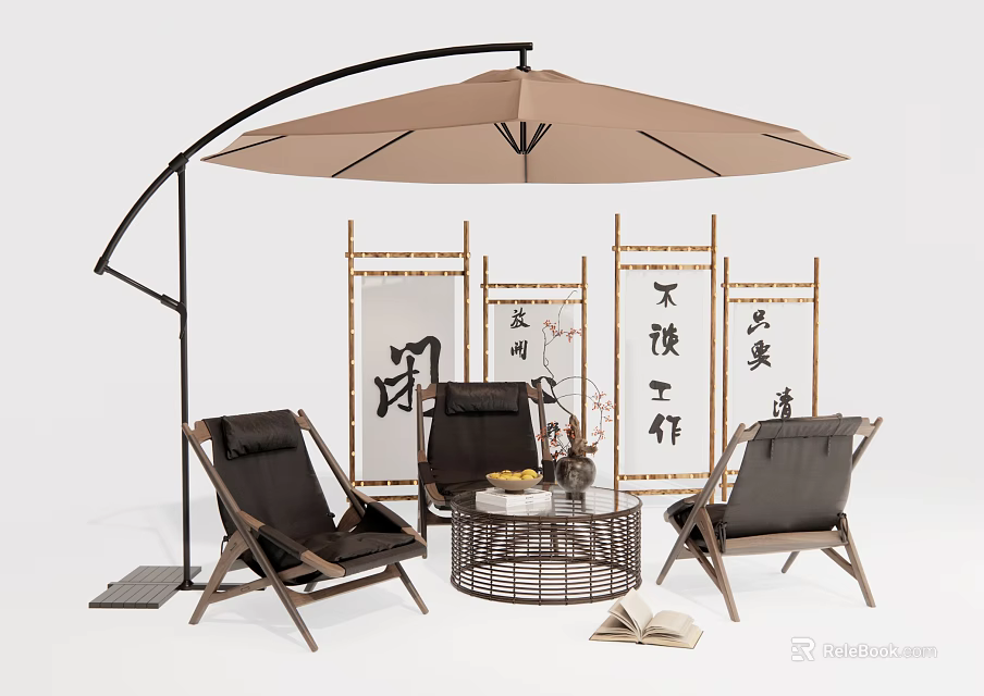 Stylish Black Outdoor Chairs with Wooden Legs and Round Rattan Coffee Table Under Brown Arc Sunshade 3d model 