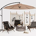 Stylish Black Outdoor Chairs with Wooden Legs and Round Rattan Coffee Table Under Brown Arc Sunshade