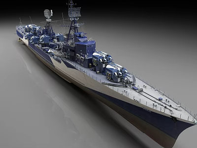 Blue And White Warship 3D Model With Radar Guns And Upper Structure Side View 3d model