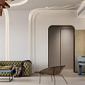 Modern Living and Dining Room Interior With Green Velvet Sofa Metal Chair And Herringbone Floor