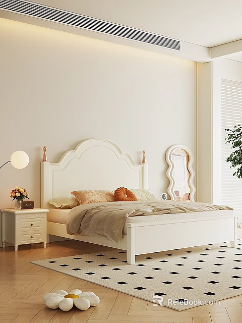 Stylish White Double Bed With Curved Headboard Soft Pillows Nightstand Lamp And Mirror 3d model 